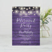 Paarse Rustieke Wood String Lights Retirement Part Kaart (Staand voorkant)