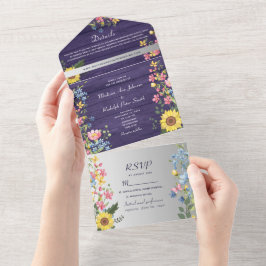 Paarse Rustieke Zonnebloem Bruiloft All In One Uitnodiging