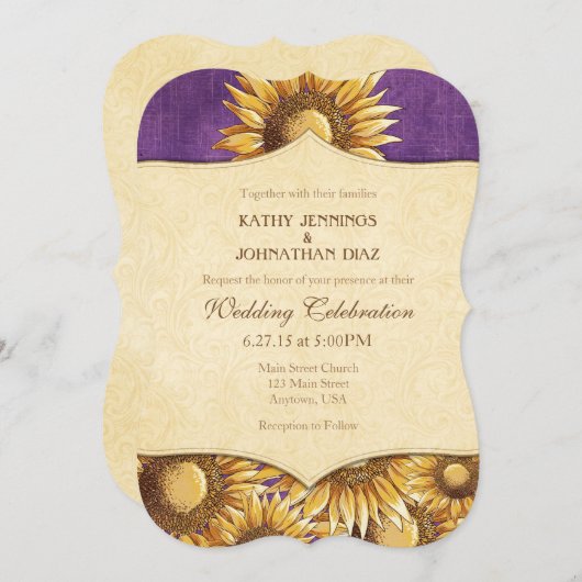 Paarse Rustieke Zonnebloem Trouw Uitnodiging (Voorkant / Achterkant)