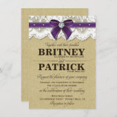 Paarse Rustische  Burlap Wedding Invitations Kaart (Voorkant / Achterkant)