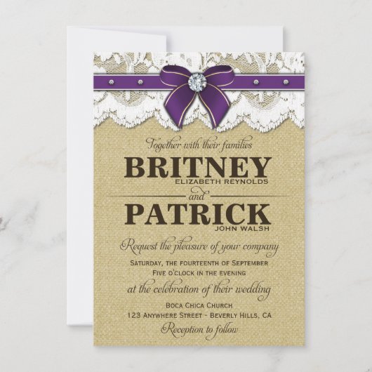Paarse Rustische  Burlap Wedding Invitations Kaart (Voorkant)