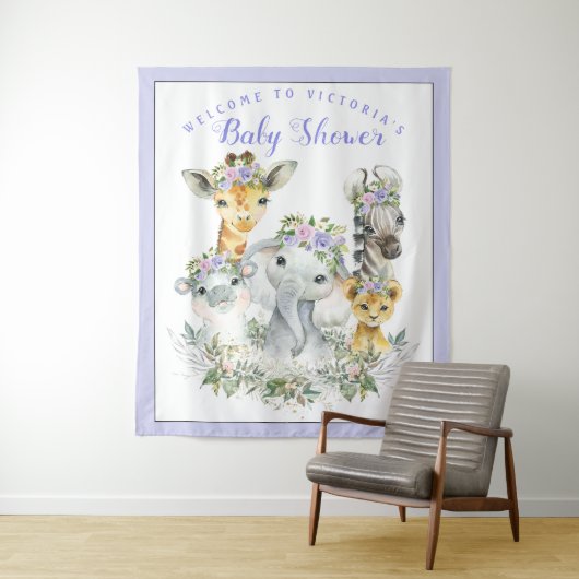 Paarse Safari Baby Shower Banner Achtergrond Wandkleed (In situ)