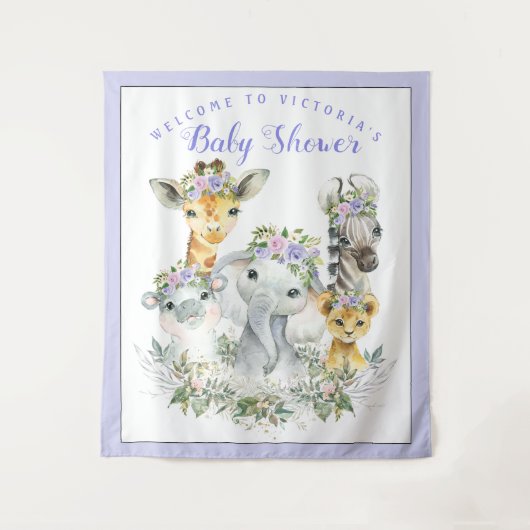 Paarse Safari Baby Shower Banner Achtergrond Wandkleed (Voorkant)