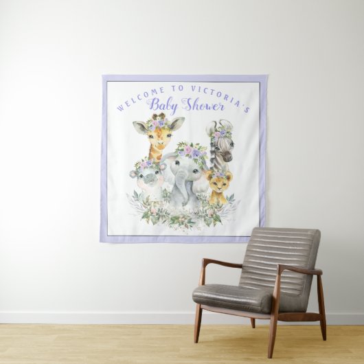 Paarse Safari Baby Shower Banner Achtergrond  Wandkleed (In situ)