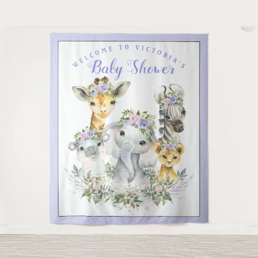 Paarse Safari Baby Shower Banner Achtergrond XL Wandkleed (Voorkant)