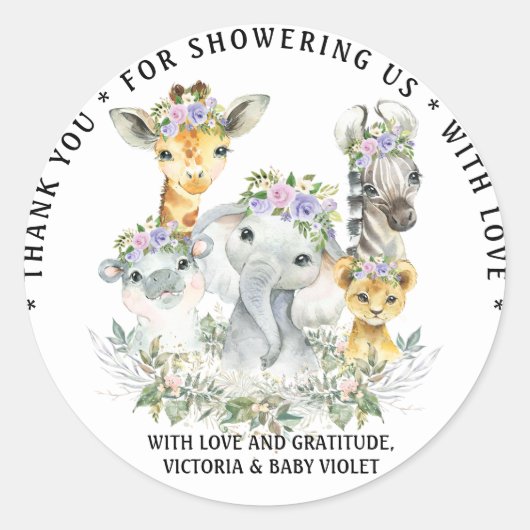 Paarse Safari Baby shower Classic Ronde Sticker (Voorkant)