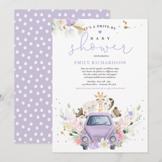 Paarse Safari-dieren rijden per Baby shower Kaart (Voorkant / Achterkant)