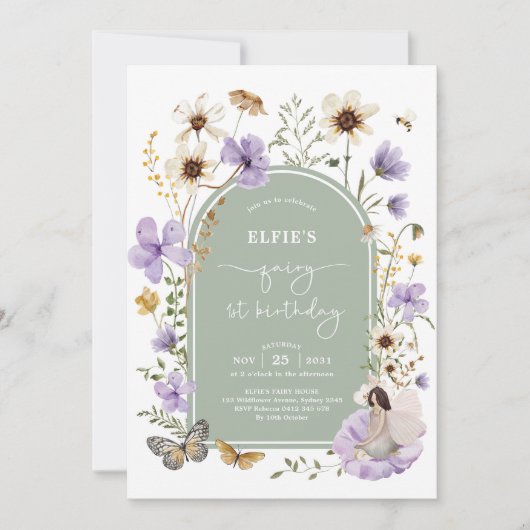 Paarse Sage Green Fairy eerste verjaardagsfeestje Kaart (Voorkant)