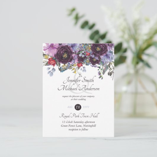 Paarse Sage Oranje Pink Floral Wedding Invitation Briefkaart (Staand voorkant)