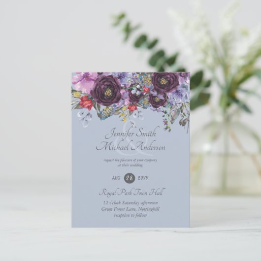 Paarse Sage Oranje Pink Floral Wedding Invitation Briefkaart (Staand voorkant)