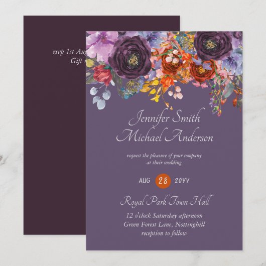 Paarse Sage Oranje Pink Floral Wedding Invitation Kaart (Voorkant / Achterkant)