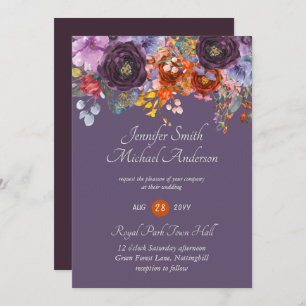 Paarse Sage Oranje Pink Floral Wedding Invitation Kaart