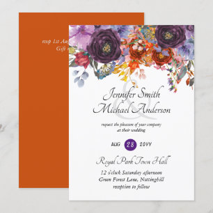 Paarse Sage Oranje Pink Floral Wedding Invitation Kaart