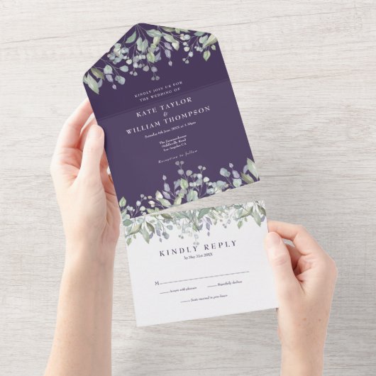 Paarse Salie en Sering Bloemig Monogram Trouwfeest All In One Uitnodiging (Afscheurbaar)