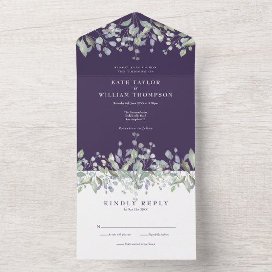 Paarse Salie en Sering Bloemig Monogram Trouwfeest All In One Uitnodiging (Binnen)
