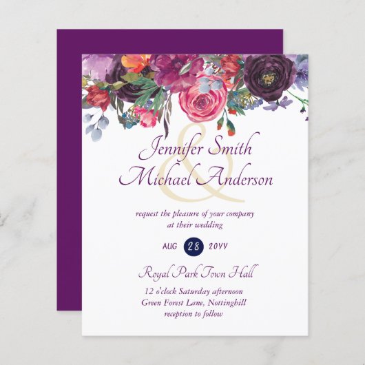 Paarse salie oranje roze bloemige trouw uitnodigin (Voorkant / Achterkant)