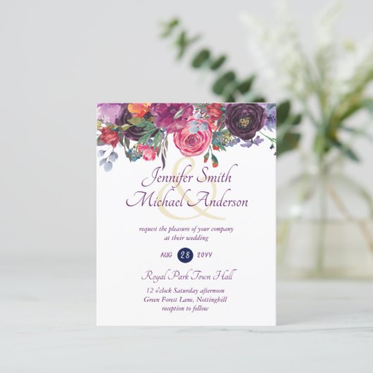 Paarse salie oranje roze bloemige trouw uitnodigin (Staand voorkant)