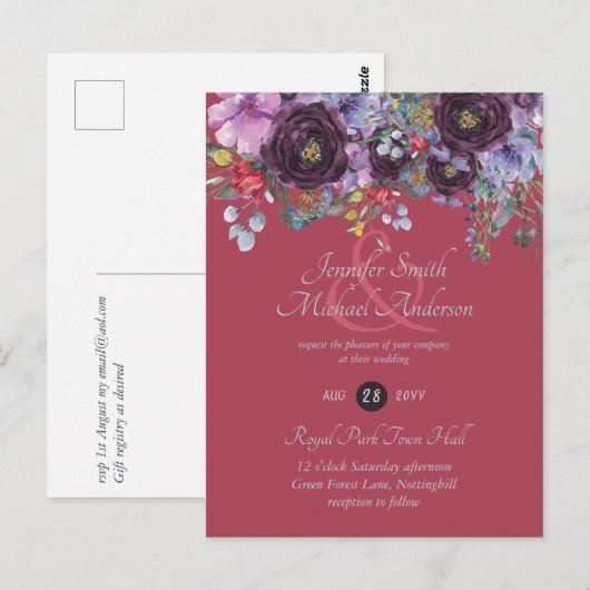 Paarse salie oranje roze bloemige trouw uitnodigin briefkaart (Voorkant / Achterkant)