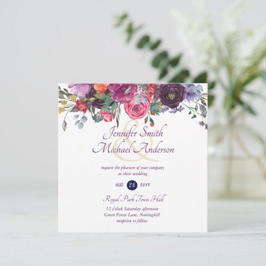 Paarse salie oranje roze bloemige trouw uitnodigin feestdagenkaart (Staand voorkant)