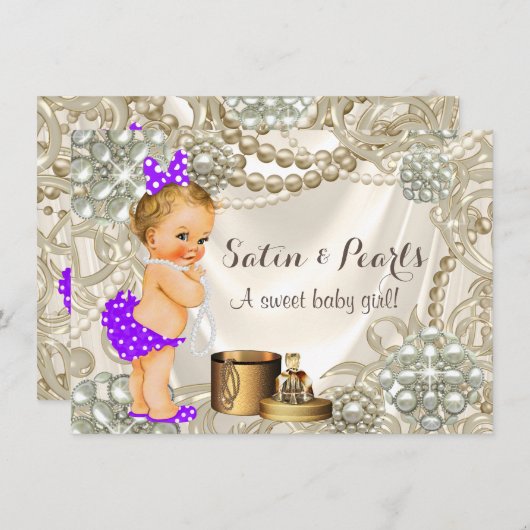 Paarse Satijn Parel Girly Baby Meisje Douche Kaart (Voorkant / Achterkant)