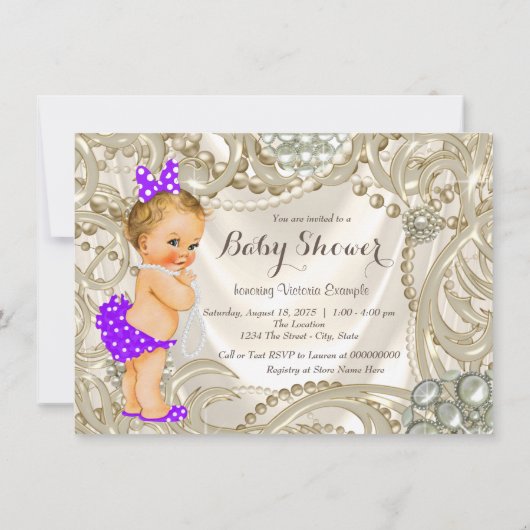 Paarse Satijn Parel Girly Baby Meisje Douche Kaart (Achterkant)
