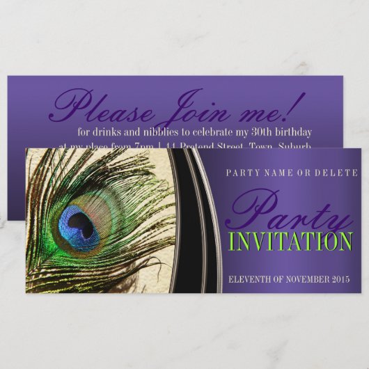 Paarse Satijn Stijlvolle Pauw Veer Uitnodigingen (Voorkant / Achterkant)