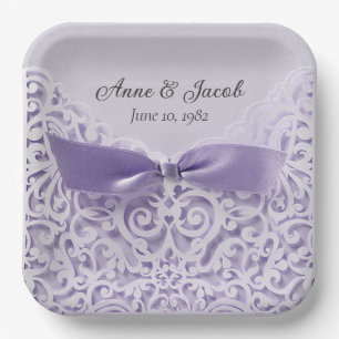 Paarse satin bow op kant voor Jubileum Papieren Bordje