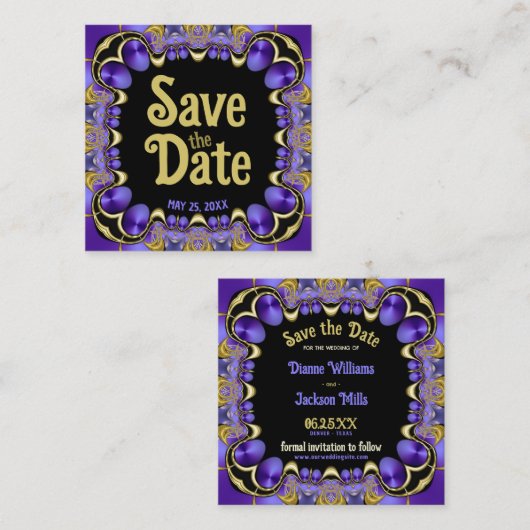 Paarse Satin en Gold Save the Date Cards Vierkante Visitekaartje (Voorkant / Achterkant)