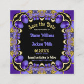 Paarse Satin en Gold Save the Date Cards Vierkante Visitekaartje (Achterkant)