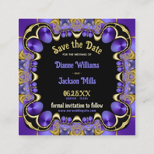 Paarse Satin en Gold Save the Date Cards Vierkante Visitekaartje (Achterkant)