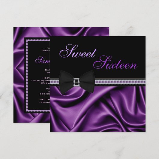 Paarse Satin en Pareltjes Sweet Sixteen nodigt uit Kaart (Voorkant / Achterkant)