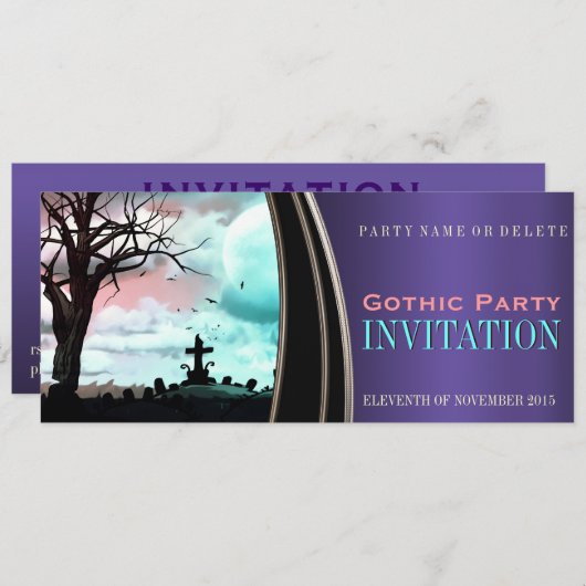 Paarse Satin Gothic Dark Theme Party Invitations Kaart (Voorkant / Achterkant)