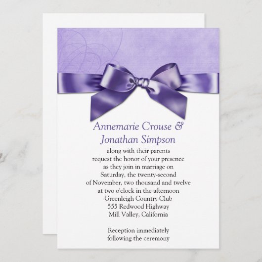 Paarse Satin Ribbon Wedding Kaart (Voorkant / Achterkant)