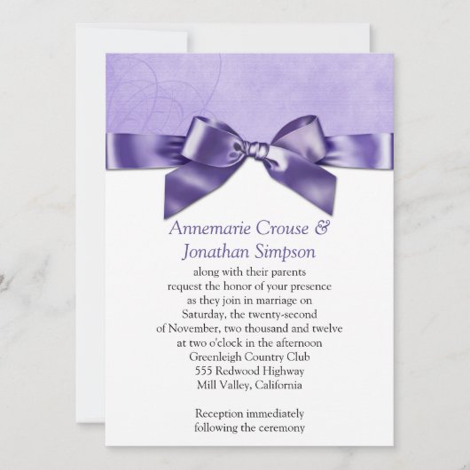 Paarse Satin Ribbon Wedding Kaart (Voorkant)
