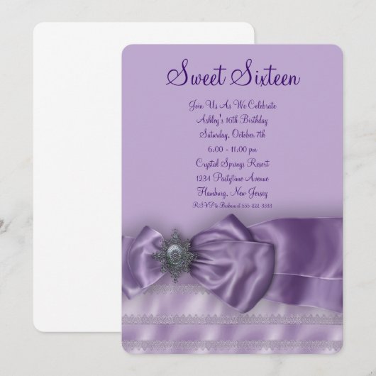 Paarse Satin Sweet Sixteen Verjaardagsfeest Kaart (Voorkant / Achterkant)