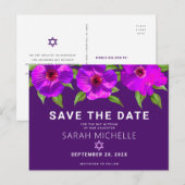 Paarse Save the Date Bat Mitswa Floral Waterverf Uitnodiging Briefkaart (Voorkant / Achterkant)