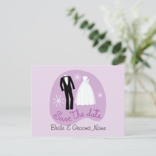 Paarse save the date Briefkaart (Staand voorkant)