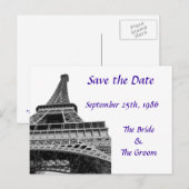 Paarse save the date Eiffeltoren Aankondigingskaart (Voorkant / Achterkant)