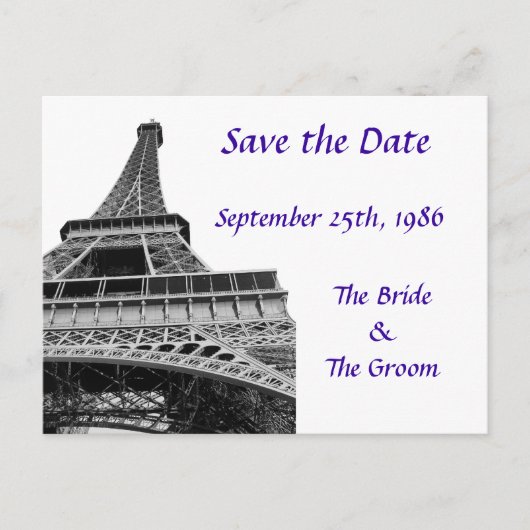 Paarse save the date Eiffeltoren Aankondigingskaart (Voorkant)