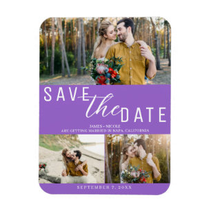 Paarse Save the Date Huwelijk 3 Foto's Magneet