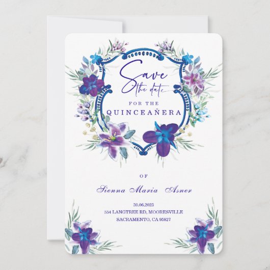 Paarse Save the Date Quinceañera uitnodiging (Voorkant)