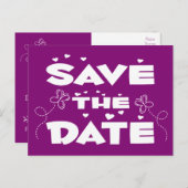 Paarse save the date vlinders en harten bruiloft aankondigingskaart (Voorkant / Achterkant)