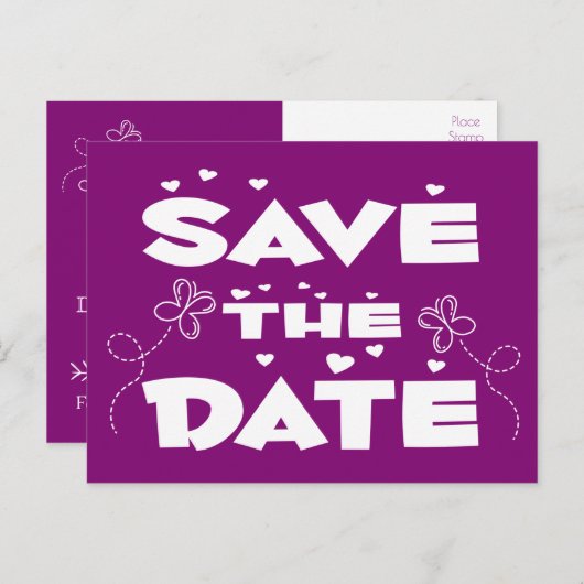 Paarse save the date vlinders en harten bruiloft aankondigingskaart (Voorkant / Achterkant)