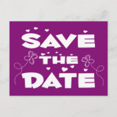 Paarse save the date vlinders en harten bruiloft aankondigingskaart (Voorkant)