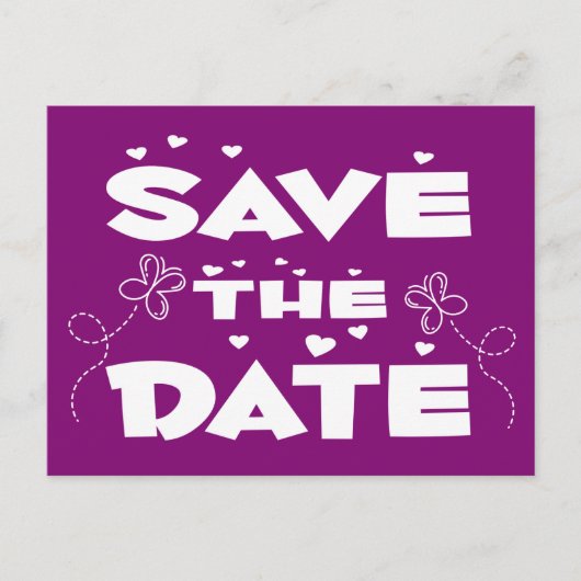 Paarse save the date vlinders en harten bruiloft aankondigingskaart (Voorkant)