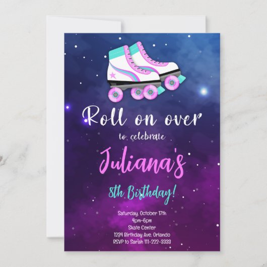 Paarse Schaats rol op verjaardagsuitnodiging Kaart (Voorkant)