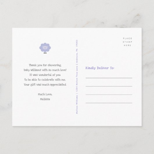 Paarse schattig lief lam, Baby shower dank u Briefkaart (Achterkant)