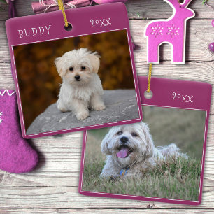 Paarse Schattige Dog Pet 2 foto's Kerst Keramisch Ornament