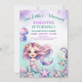 Paarse schattige zeemeermin 1e verjaardag meisje w kaart (Voorkant)