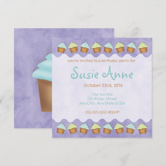 Paarse Schattigee Cupcakes Invitation Kaart (Voorkant / Achterkant)